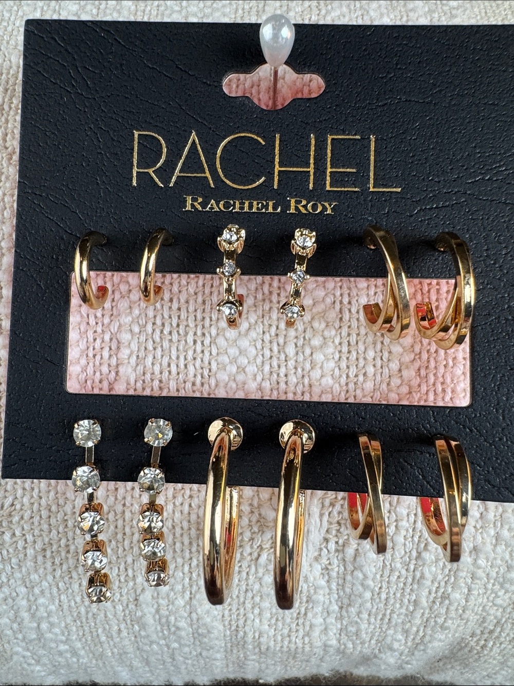 0555-RACHEL Rachel Roy Gold-Tone Mixed Hoop‎ and Crystal Drop Earring Set